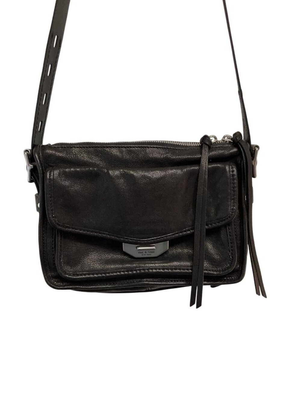 Rag & Bone Black Leather Crossbody Bag With Adjustable Strap Front Pocket & Zip